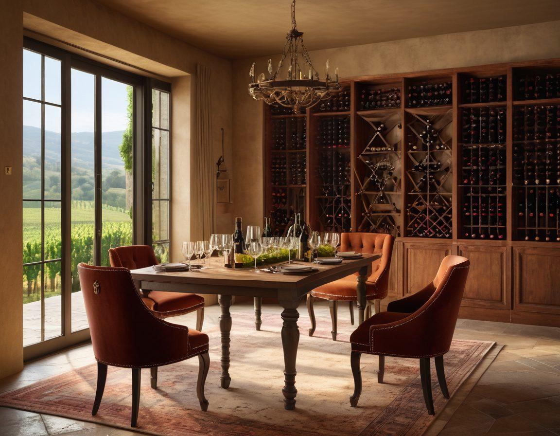 A lavish apartment interior showcasing a rustic wine cellar with shelves filled with an array of fine wines, elegant wine glasses set on a stylish dining table, a plush seating area overlooking a picturesque vineyard through large windows, warm ambient lighting casting a cozy glow, and a sophisticated decor that reflects luxury lifestyle. super-realistic. warm colors. elegant style.
