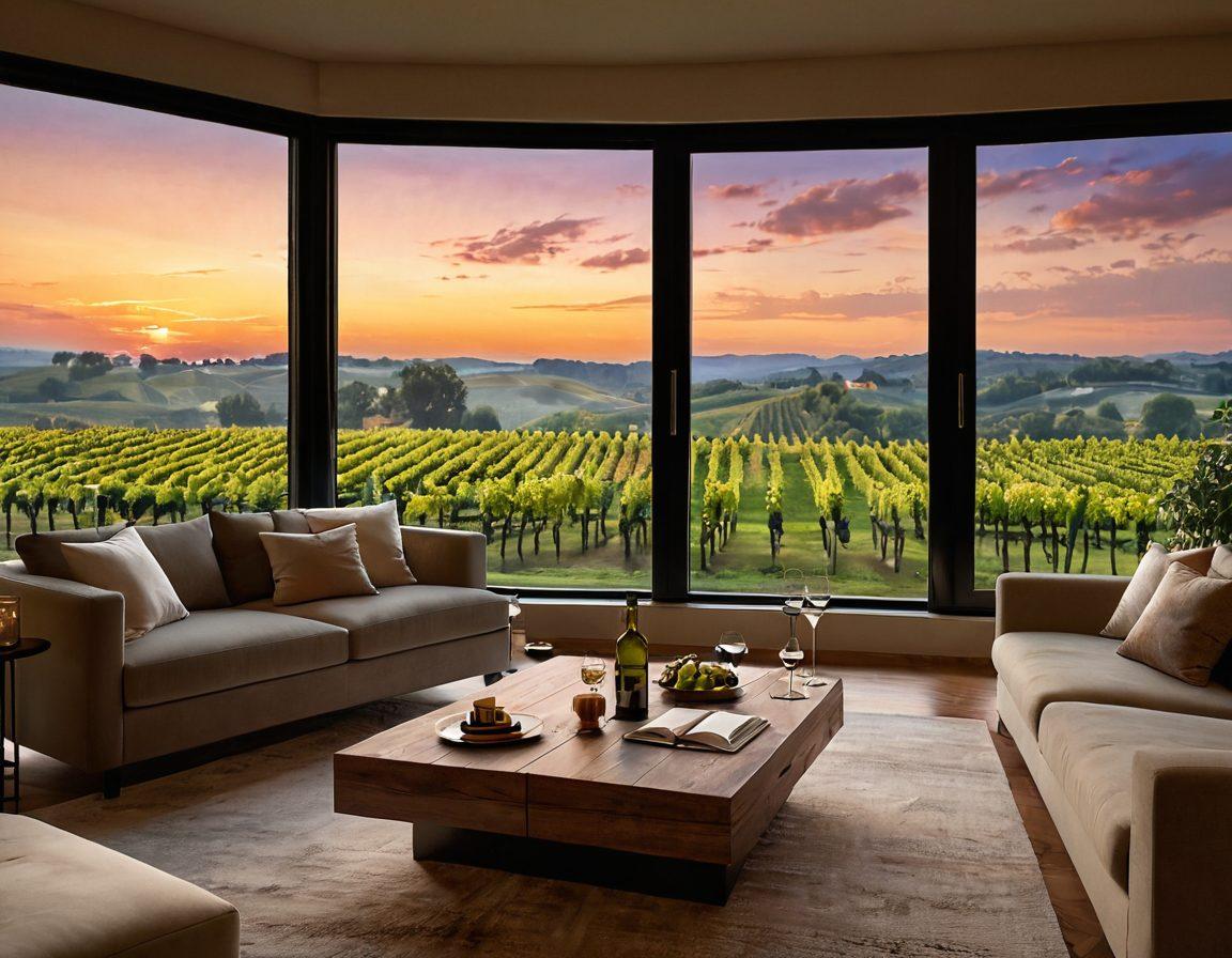 A cozy, luxurious apartment with large windows overlooking a vineyard at sunset. A beautifully set coffee table featuring an array of exquisite wines and elegant glasses, surrounded by plush seating. Soft ambient lighting and touches of greenery add to the welcoming atmosphere. The overall scene conveys relaxation and exclusivity. super-realistic. warm colors. elegant details.