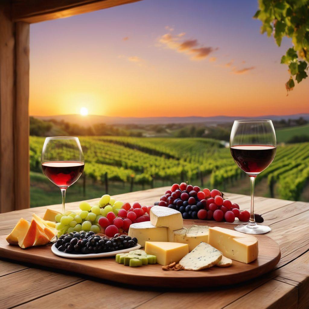 A beautifully arranged wine tasting scene featuring elegant wine glasses filled with rich red and white wines, a rustic wooden table adorned with gourmet cheeses and fruits, and a cozy upscale accommodation in the background with soft candlelight. Verdant vineyards stretch into the distance under a bright sunset sky, creating a serene and inviting atmosphere for exploration. super-realistic. vibrant colors. warm lighting.